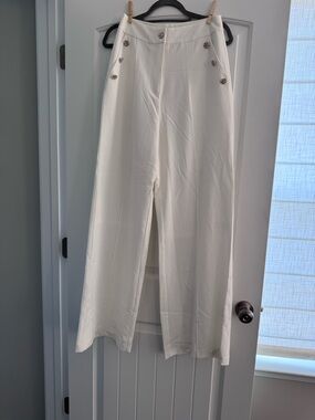 VENUS Cream High-Rise Wide Leg Pants with Decorative Buttons